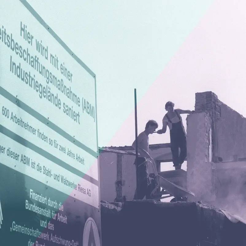 Arbeitsbeschaffungsmaßnahme: Abriss von Industriegebäuden durch ehemalige Metallarbeiter in Riesa, 1992 (T. Lehmann/ZB)